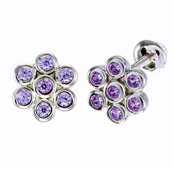 925 Sterling Silver Flower Rhodium Plated CZ Stones For Toddlers, Kids, Teens