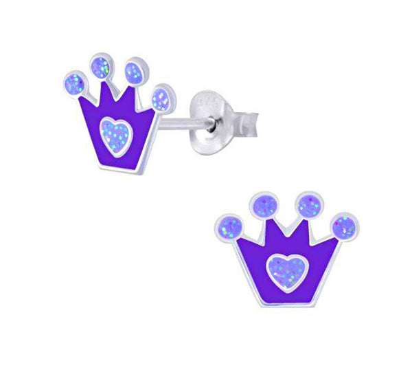 925 Sterling Silver Crown Glitter Enamel Push Back Earring For Kids, Teens