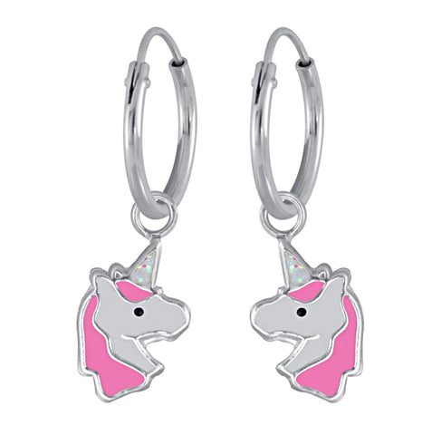 925 Sterling Silver Pink Unicorn Hoop Earrings For Kids, Teens - Forever Kids Jewelry