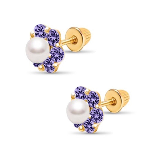 14K Gold Plated, 925 Sterling Silver Flower CZ Stones Pearl Screw Back Earrings for Baby, Kids, Teens - Forever Kids Jewelry