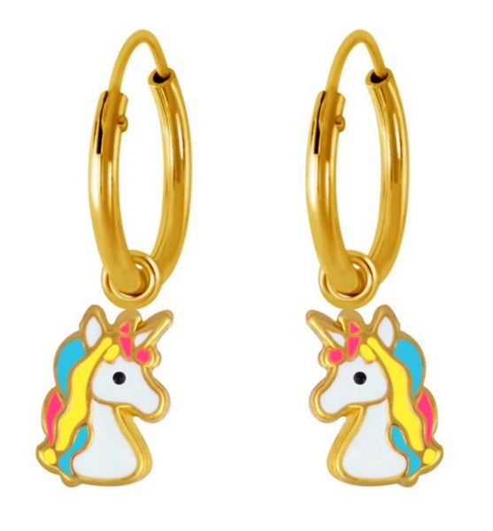 14K Gold Plated 925 Sterling Silver Enamel Unicorn Hoop Earrings For Kids, Teens - Forever Kids Jewelry