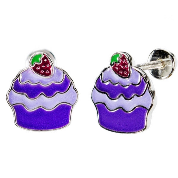 925 Sterling Silver Enamel Cupcake Screw Back Earrings For Kids and Teens - Forever Kids Jewelry