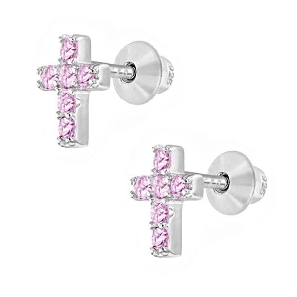 925 Sterling Silver Cross CZ Stones Screw Back Earrings or Baby, Toddlers, Kids, Teens