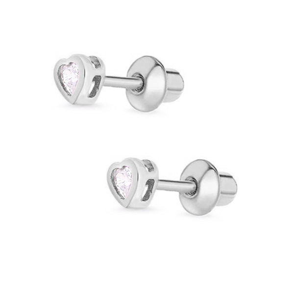 925 Sterling Silver CZ Small Heart Push Back Earring For Kids, Teens