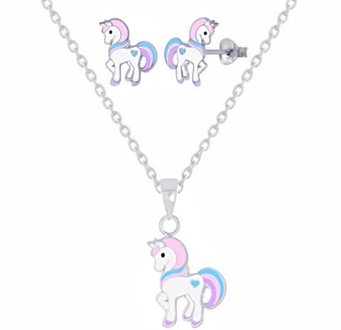 925 Sterling Silver Cute Unicorn Push Back Earrings, Necklace Set For Kids, Teens - Forever Kids Jewelry