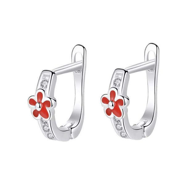 925 Sterling Silver Flower Crystal Stones Red Enamel Huggie Hoop Earrings For Baby, Toddlers, Kids, Girls - Forever Kids Jewelry