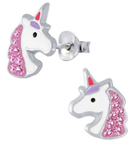 925 Sterling Silver Magical Unicorn Enamel Crystal Stones Push Back Earrings For Teens, Kids