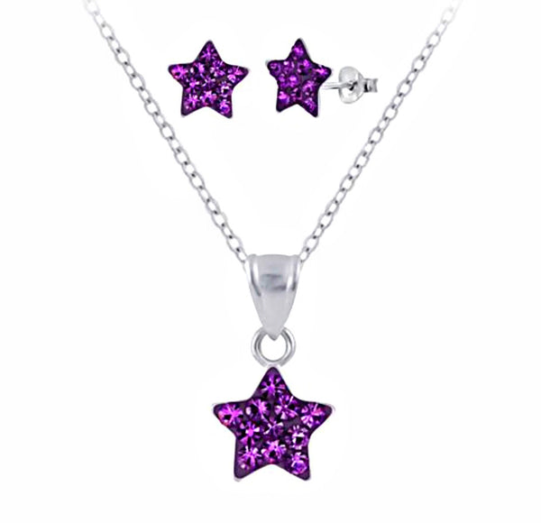 925 Sterling Silver Crystal Star Push Back Earrings, Necklace Set For Toddlers, Kids, Teens