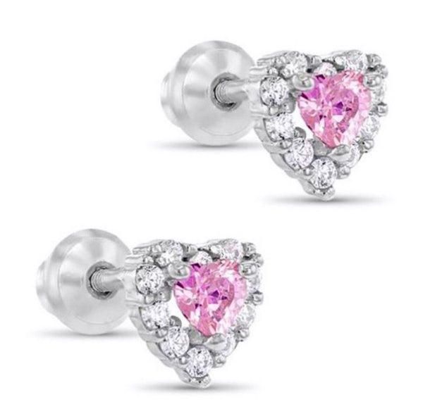 925 Sterling Silver Heart CZ Stones 6 mm Screw Back Earrings for Baby, Toddler, Kids, Teens - Forever Kids Jewelry