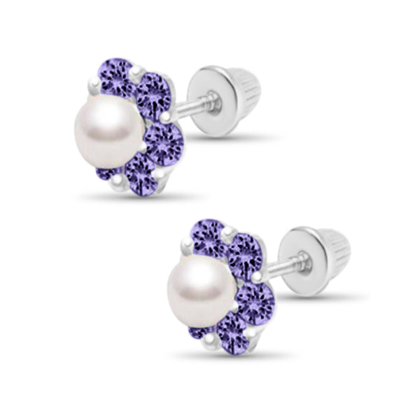 925 Sterling Silver Flower Pearl CZ Stones Screw Back Earrings for Baby, Kids, Teens - Forever Kids Jewelry