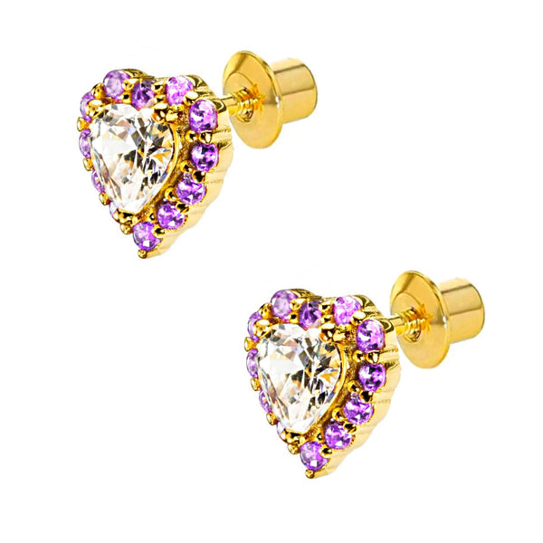 14K Plated Heart 925 Sterling Silver CZ Stones 9 mm Screw Back Earrings For Kids and Teens - Forever Kids Jewelry