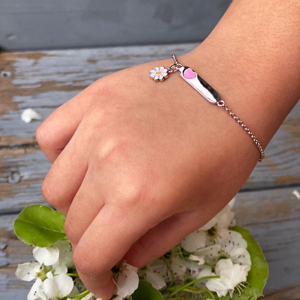 925 Sterling Silver Flower Heart ID Bracelet for Baby, Toddler, Kids and Teens
