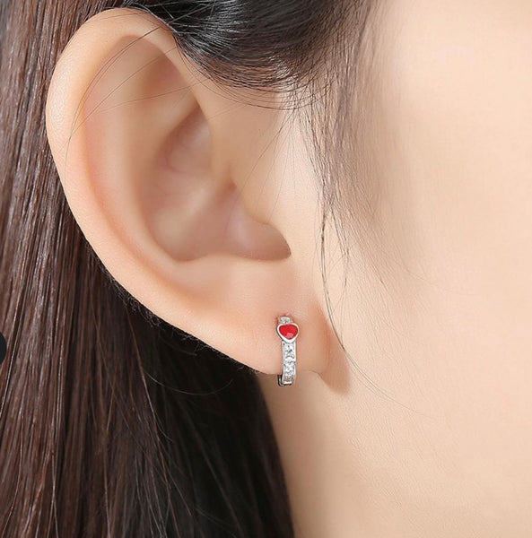 925 Sterling Silver Hearts CZ Stones Red Pink Enamel Huggie Hoop Earrings For Baby, Kids, Girls - Forever Kids Jewelry