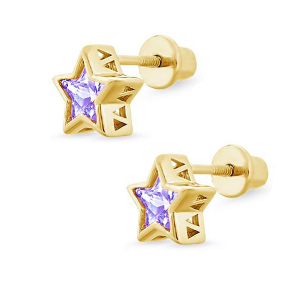 14K Gold Plated 925 Sterling Silver Star CZ Stone Screw Back Earrings For Baby, Toddler, Kids, Teens - Forever Kids Jewelry