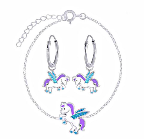 925 Sterling Silver Unicorn Aqua Glitter Wings Bracelet and Hoop Earrings Set For Kids - Forever Kids Jewelry