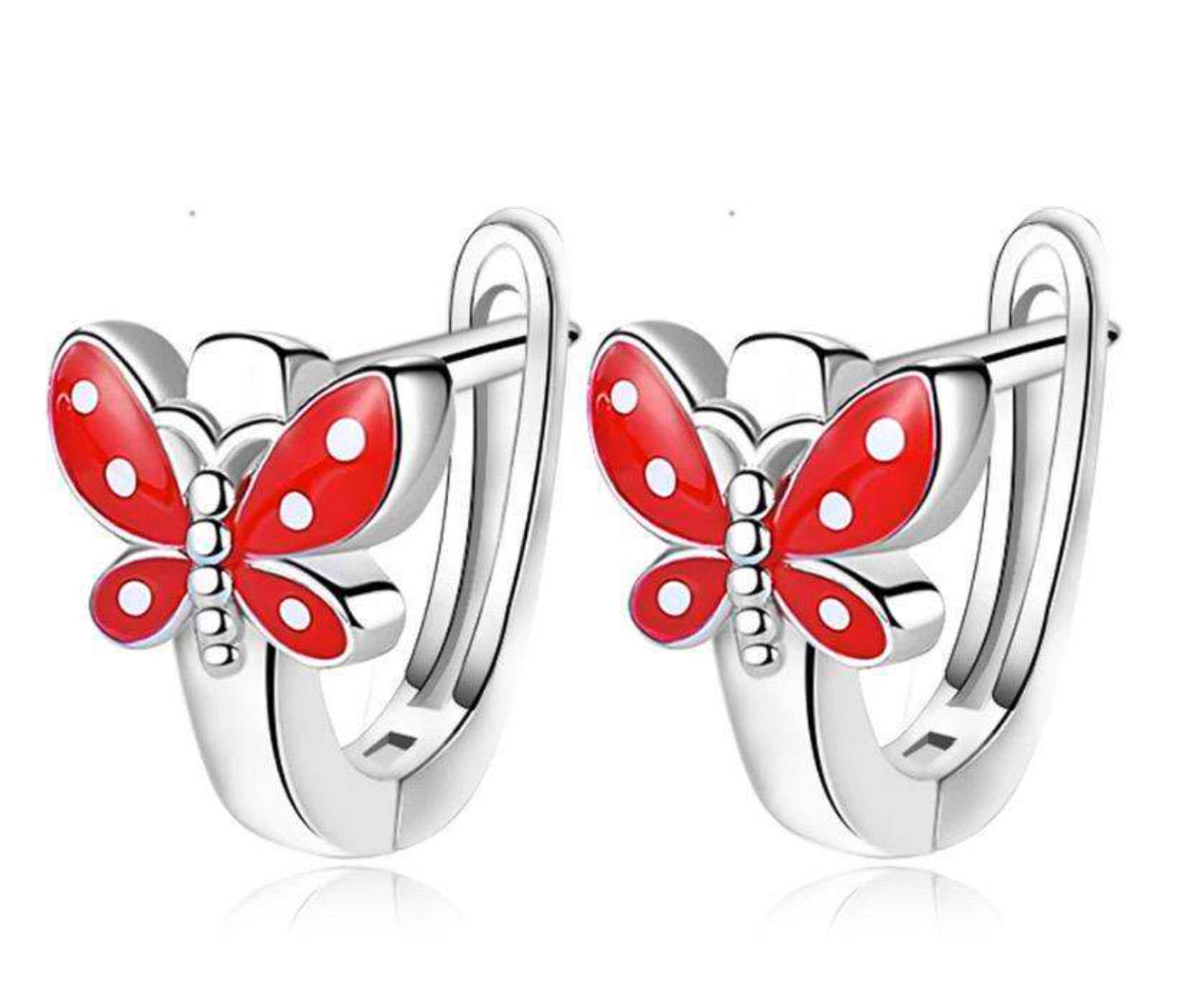 925 Sterling Silver Butterfly Red White Enamel Huggie Hoop Earrings For Kids, Teens - Forever Kids Jewelry