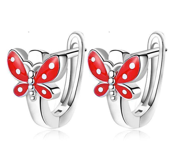925 Sterling Silver Butterfly Red White Enamel Huggie Hoop Earrings For Kids, Teens - Forever Kids Jewelry