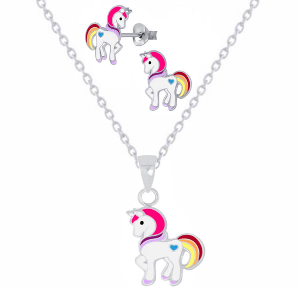 925 Sterling Silver Cute Unicorn Push Back Earrings, Necklace Set For Kids, Teens - Forever Kids Jewelry