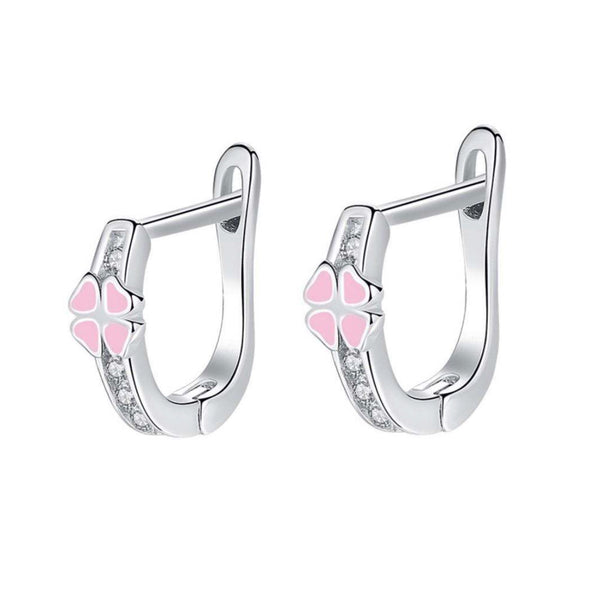 925 Sterling Silver Flower CZ Stones Pink Enamel Huggie Hoop Earrings For Baby, Kids, Girls - Forever Kids Jewelry