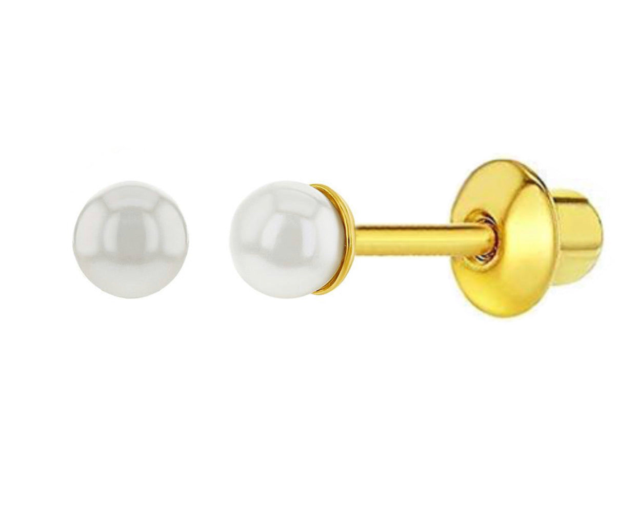 14K Gold Plated / 925 Sterling Silver 4mm Pearl Stud / Push Back Earring For Kids, Teens