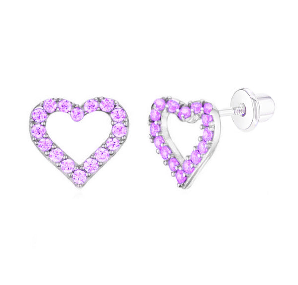 925 Sterling Silver Open Heart CZ Stones Screw Back Earrings For Baby, Toddlers, Kids and Teens - Forever Kids Jewelry