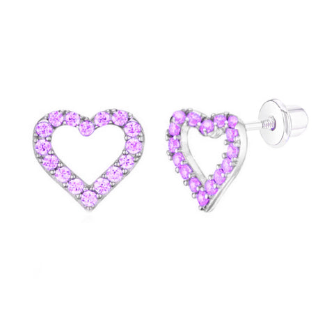925 Sterling Silver Open Heart CZ Stones Screw Back Earrings For Baby, Toddlers, Kids and Teens - Forever Kids Jewelry