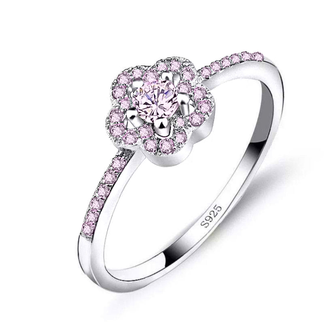 925 Sterling Silver CZ Pink Flower Ring