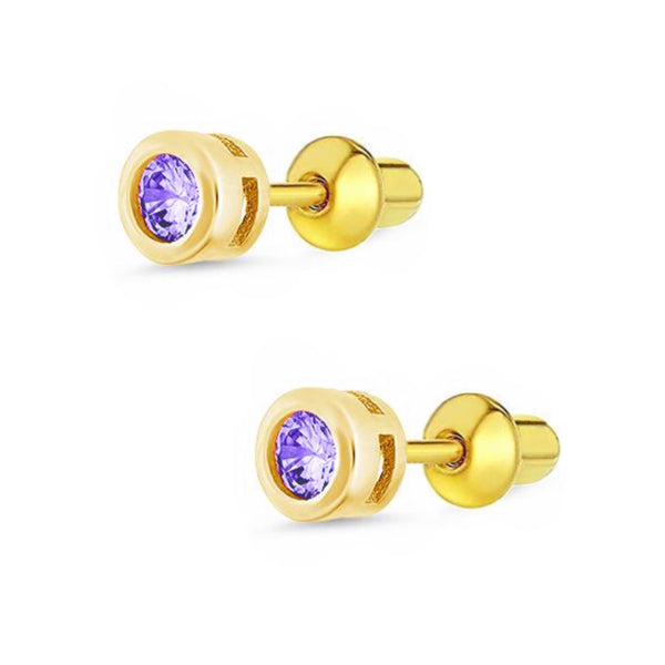 14K Gold Plated 925 Sterling Silver CZ Small Round Push Back Earring For Kids, Teens