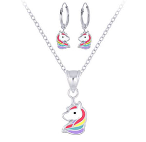 925 Sterling Silver Unicorn Multicolour Hair Hoop Earrings and Necklace Set For Kids - Forever Kids Jewelry