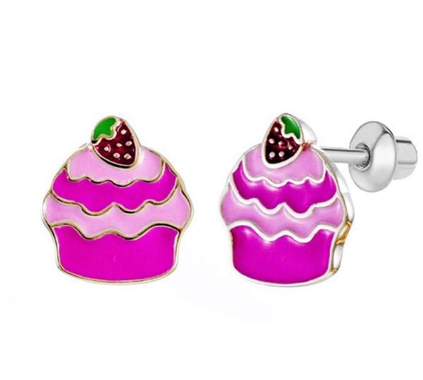 925 Sterling Silver Strawberry Cupcake Screw Back Earrings and Necklace Set For Toddlers, Kids and Teens - Forever Kids Jewelry