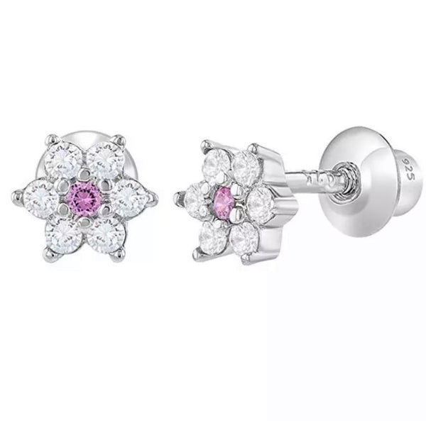 925 Sterling Silver Flower CZ Stones Screw Back Earrings for Baby, Toddler, Kids, Teens - Forever Kids Jewelry