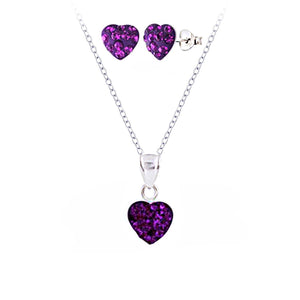 925 Sterling Silve Crystal Hearts Push Back Earrings and Necklace Set For Kids and Teens