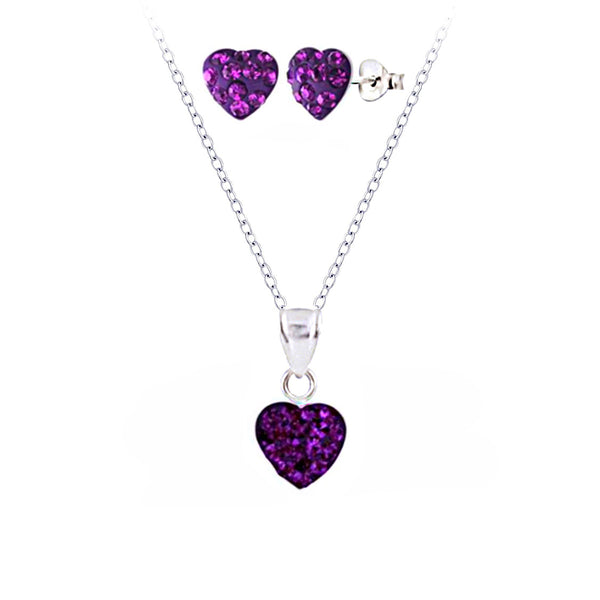 925 Sterling Silve Crystal Hearts Push Back Earrings and Necklace Set For Kids and Teens
