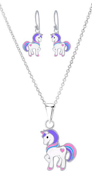 925 Sterling Silver Unicorn With Heart Drop Earrings and Necklace Set For Kids and Teens - Forever Kids Jewelry