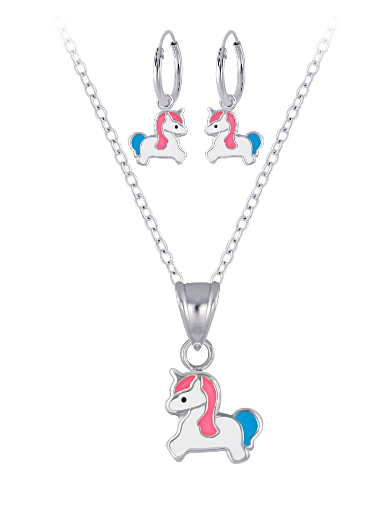 925 Sterling Silver Baby Unicorn Hoop Earrings and Necklace Set For Kids and Teens - Forever Kids Jewelry