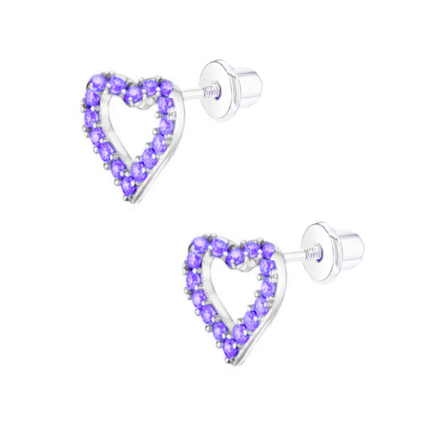 925 Sterling Silver Open Heart CZ Stones Screw Back Earrings For Baby, Toddlers, Kids and Teens - Forever Kids Jewelry