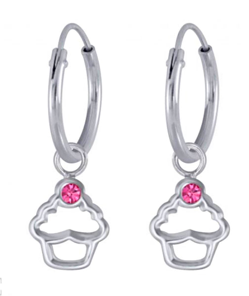 925 Sterling Silver Crystal Cupcake Hoop Earrings For Kids, Teens - Forever Kids Jewelry