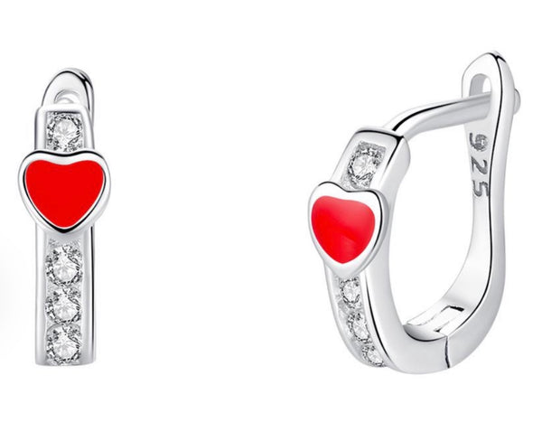 925 Sterling Silver Hearts CZ Stones Red Pink Enamel Huggie Hoop Earrings For Baby, Kids, Girls - Forever Kids Jewelry