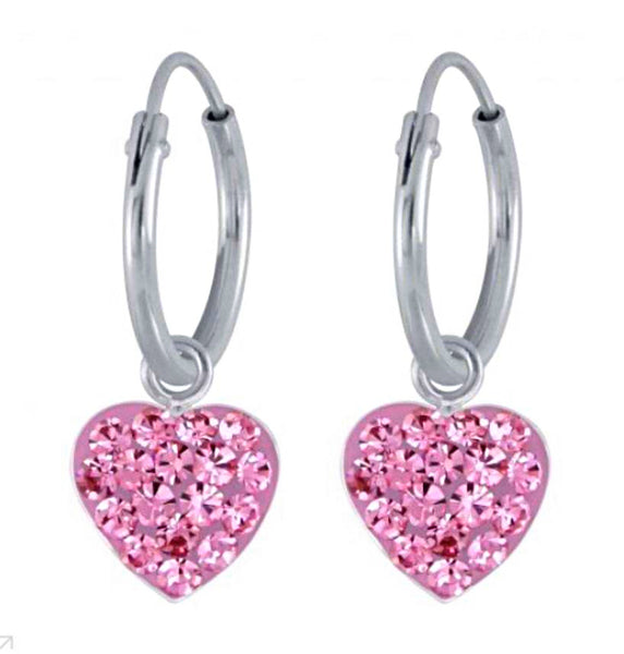 925 Sterling Silver 9mm Crystal Hearts Hoop Earrings For Kids, Teens - Forever Kids Jewelry