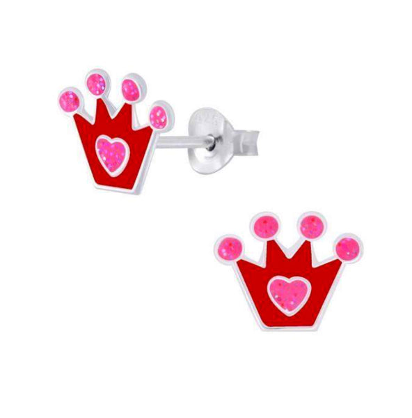 925 Sterling Silver Crown Glitter Enamel Push Back Earring For Kids, Teens