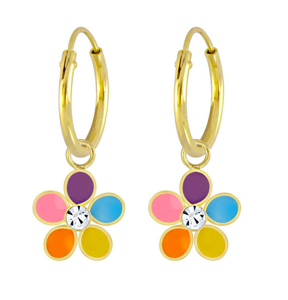 14K Gold Plated 925 Sterling Silver Crystal Flower Multicolour Enamel Hoop Earrings For Kids, Teens - Forever Kids Jewelry