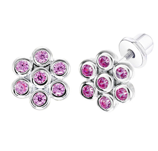 925 Sterling Silver Flower Rhodium Plated CZ Stones For Kids and Teens