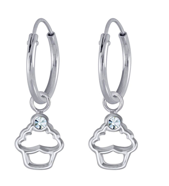 925 Sterling Silver Crystal Cupcake Hoop Earrings For Kids, Teens - Forever Kids Jewelry