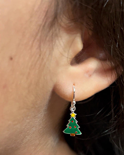 925 Sterling Silver Holiday Tree Hoop Earrings, Necklace Set For Kids, Teens