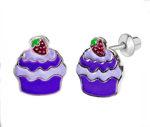 925 Sterling Silver Strawberry Cupcake Screw Back Earrings and Necklace Set For Toddlers, Kids and Teens - Forever Kids Jewelry