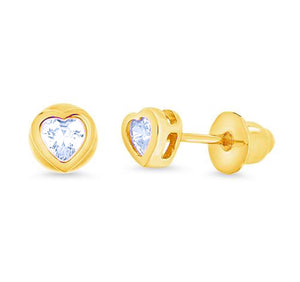 14K Gold Plated, 925 Sterling Silver CZ Small Heart Push Back Earring For Kids, Teens