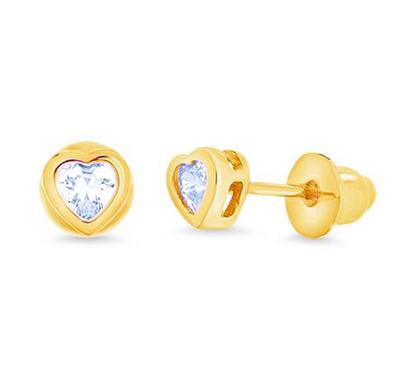 14K Gold Plated, 925 Sterling Silver CZ Small Heart Push Back Earring For Kids, Teens