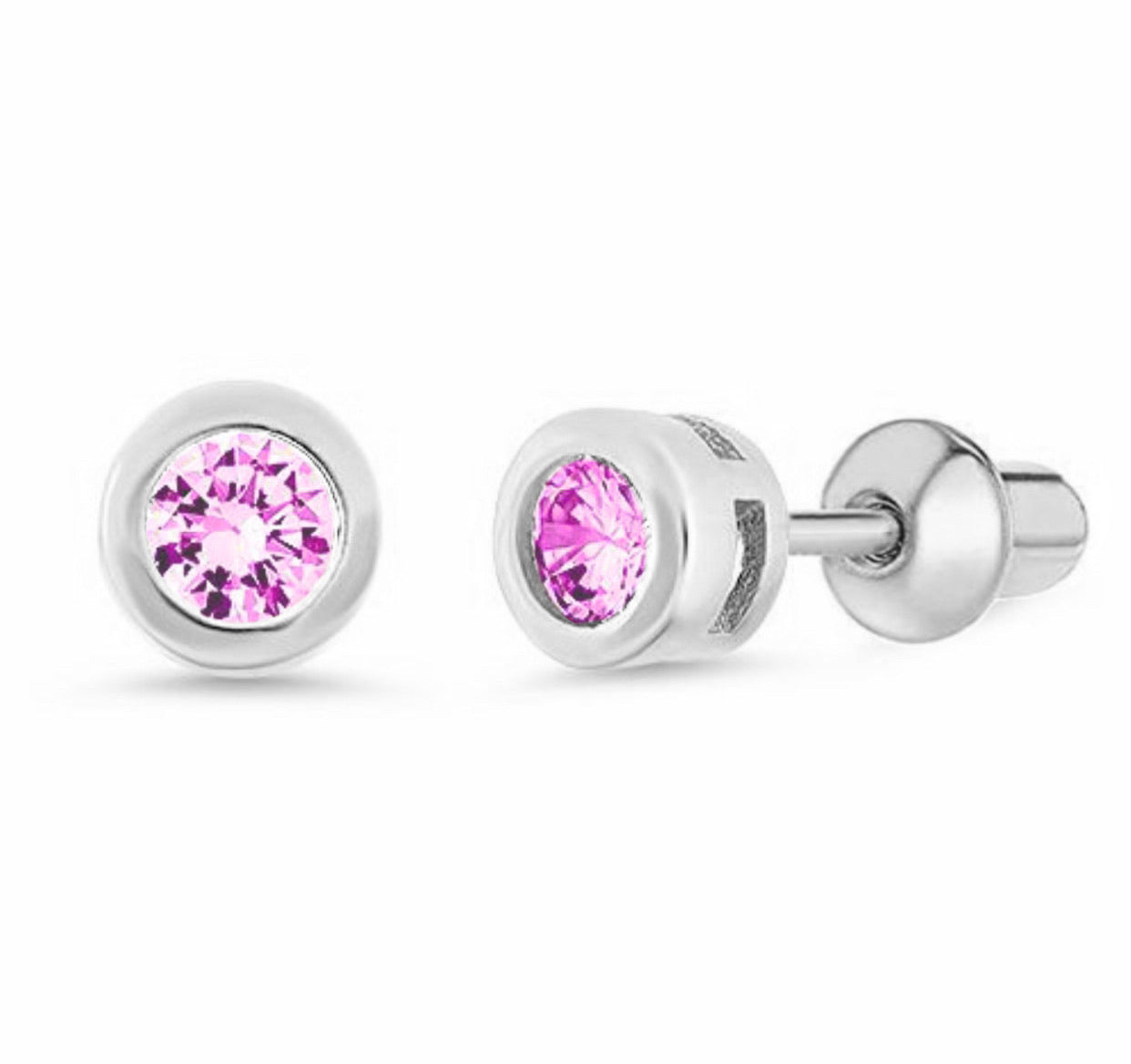 925 Sterling Silver CZ Small Roun Push Back Earring For Kids, Teens