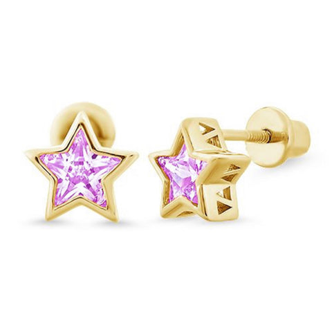 14K Gold Plated 925 Sterling Silver Star CZ Stone Screw Back Earrings For Baby, Toddler, Kids, Teens - Forever Kids Jewelry