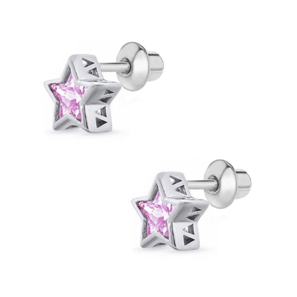 925 Sterling Silver Star CZ Stone Screw Back Earrings For Baby, Toddler, Kids, Teens